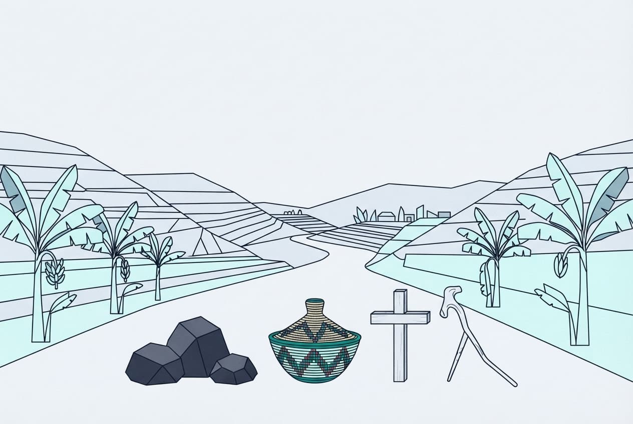 Flat illustration of Walking stick, Wooden cross, Banana plant, Agaseke basket, Volcanic rock