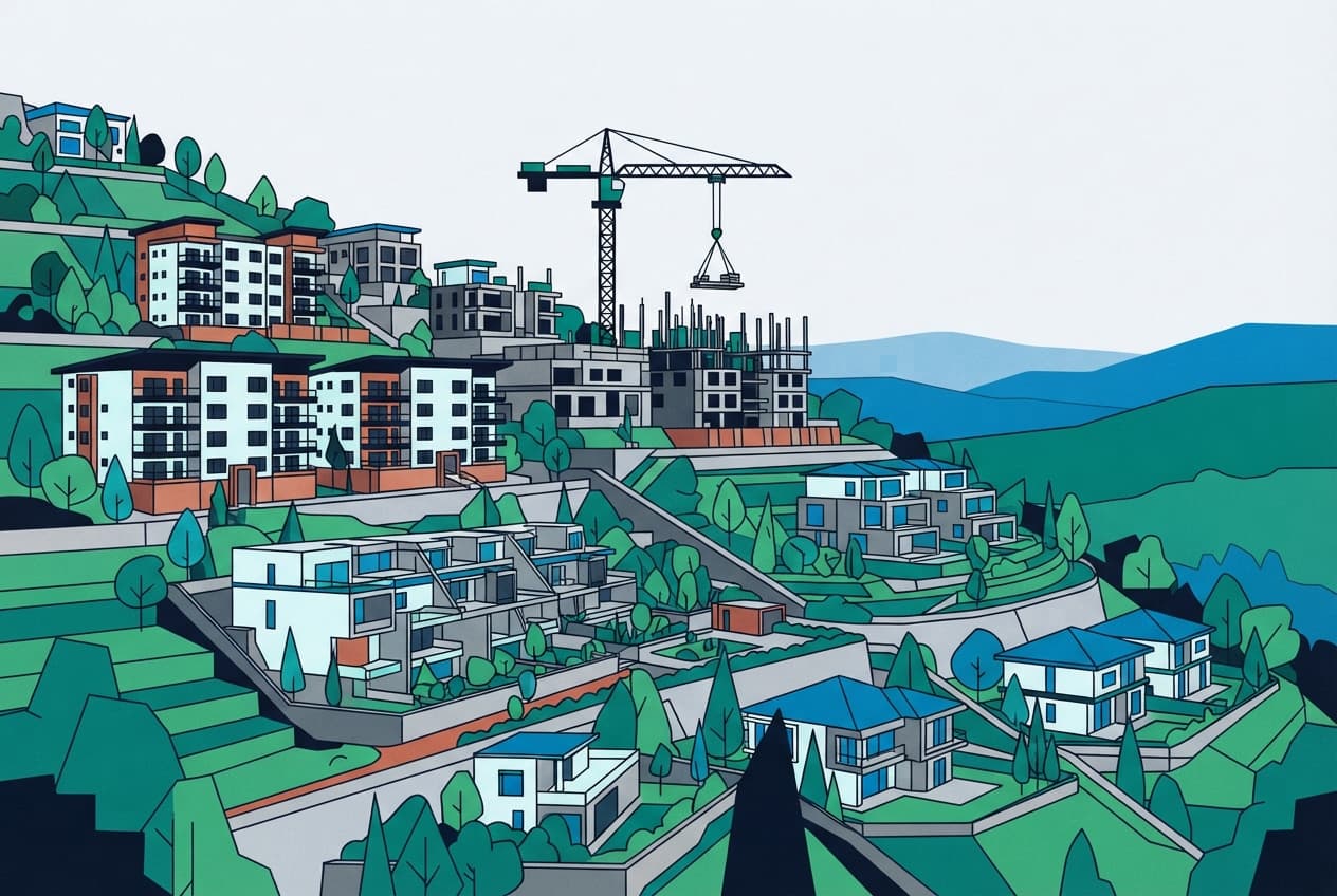 Flat illustration of apartment blocks, villas, terraced homes, trees, distant hills, construction crane