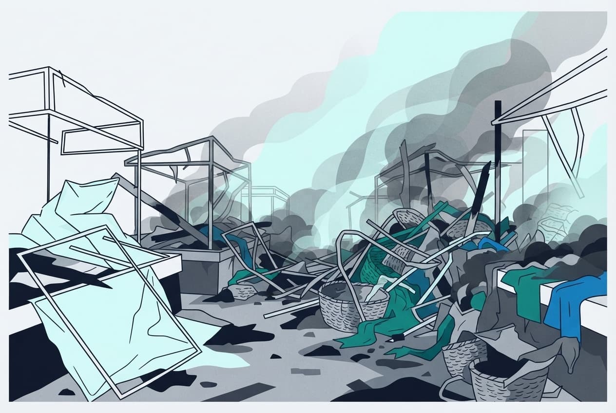 Flat illustration of Smoke, Ash, Stalls, Debris, Baskets, Fabrics