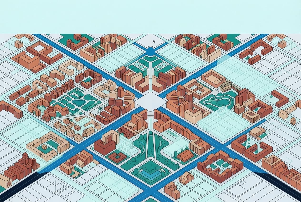 Flat illustration of Buildings, Land plots, Roads, Maps, Blueprint